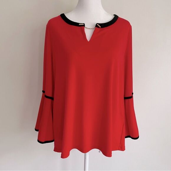 Calvin Klein Burnt Orange Notched Collar 3/4 Bell Sleeves Gold Hardware Top Sz L - Picture 2 of 7